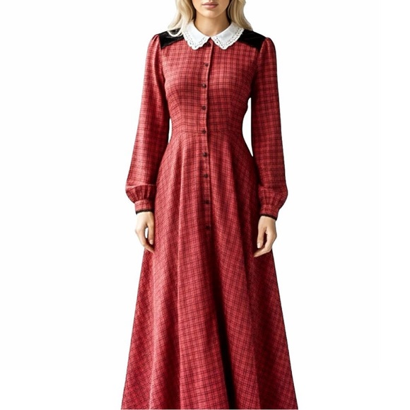 Elegant Red Plaid Prairie Long Dress - Picture 2 of 16